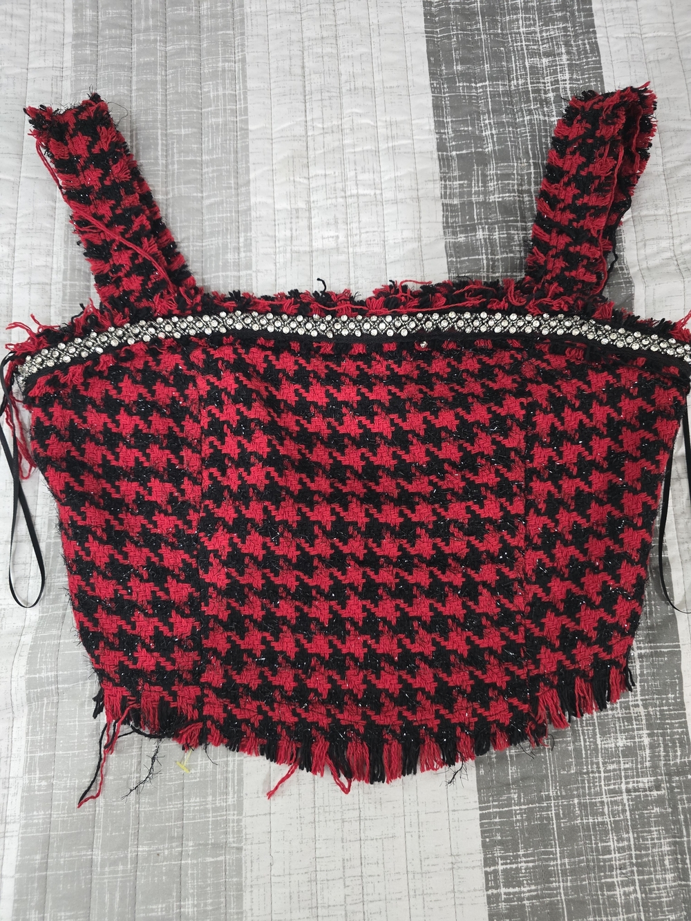 4SI3NNA Red and Black Houndstooth Cropped Tank with Rhinestone Trim